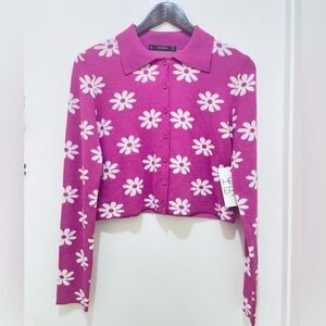 NEW Hesperus Women's Floral Print Drop Shoulder V Neck Cardigan M Fuchsia&White.